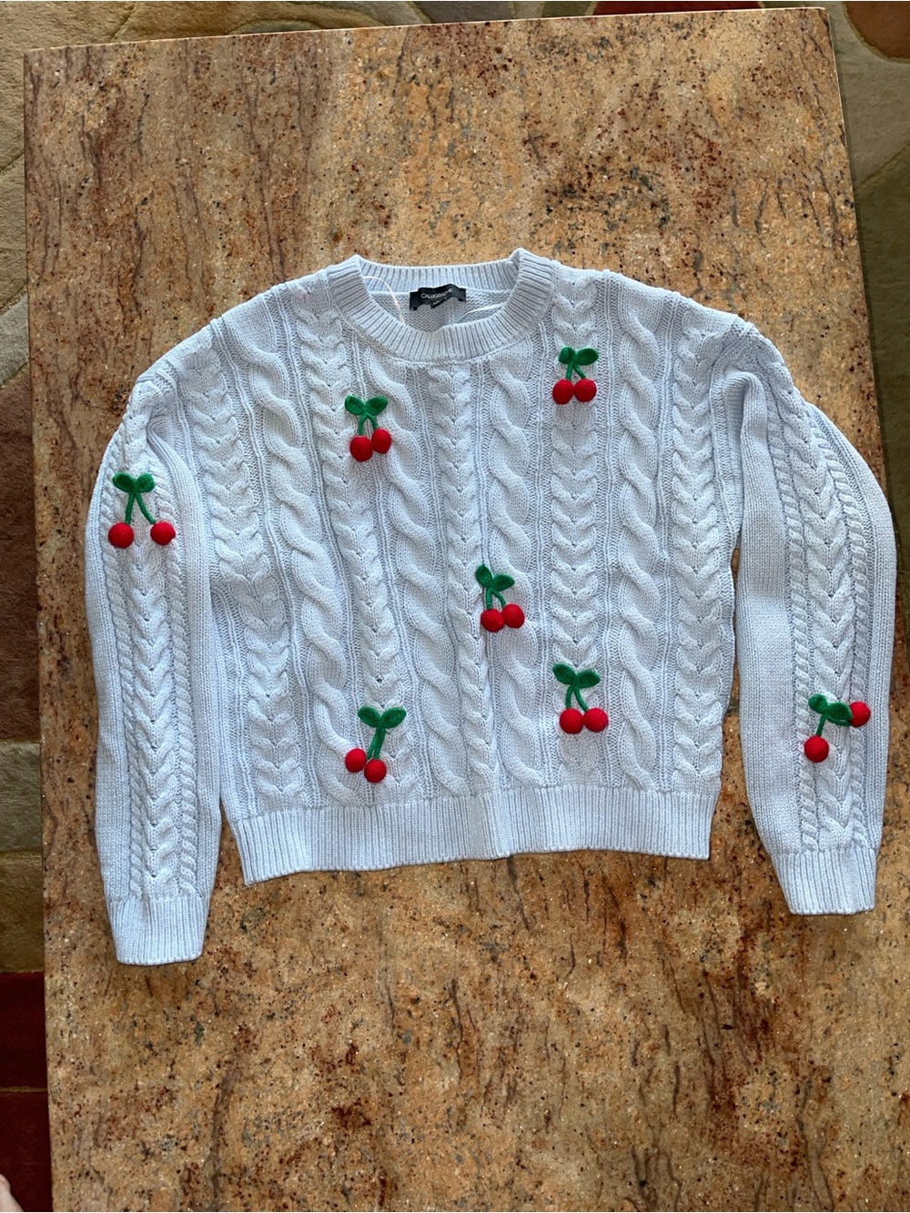 Calligraphie Light Blue Cable Knit Cherry Embroidered Sweater L